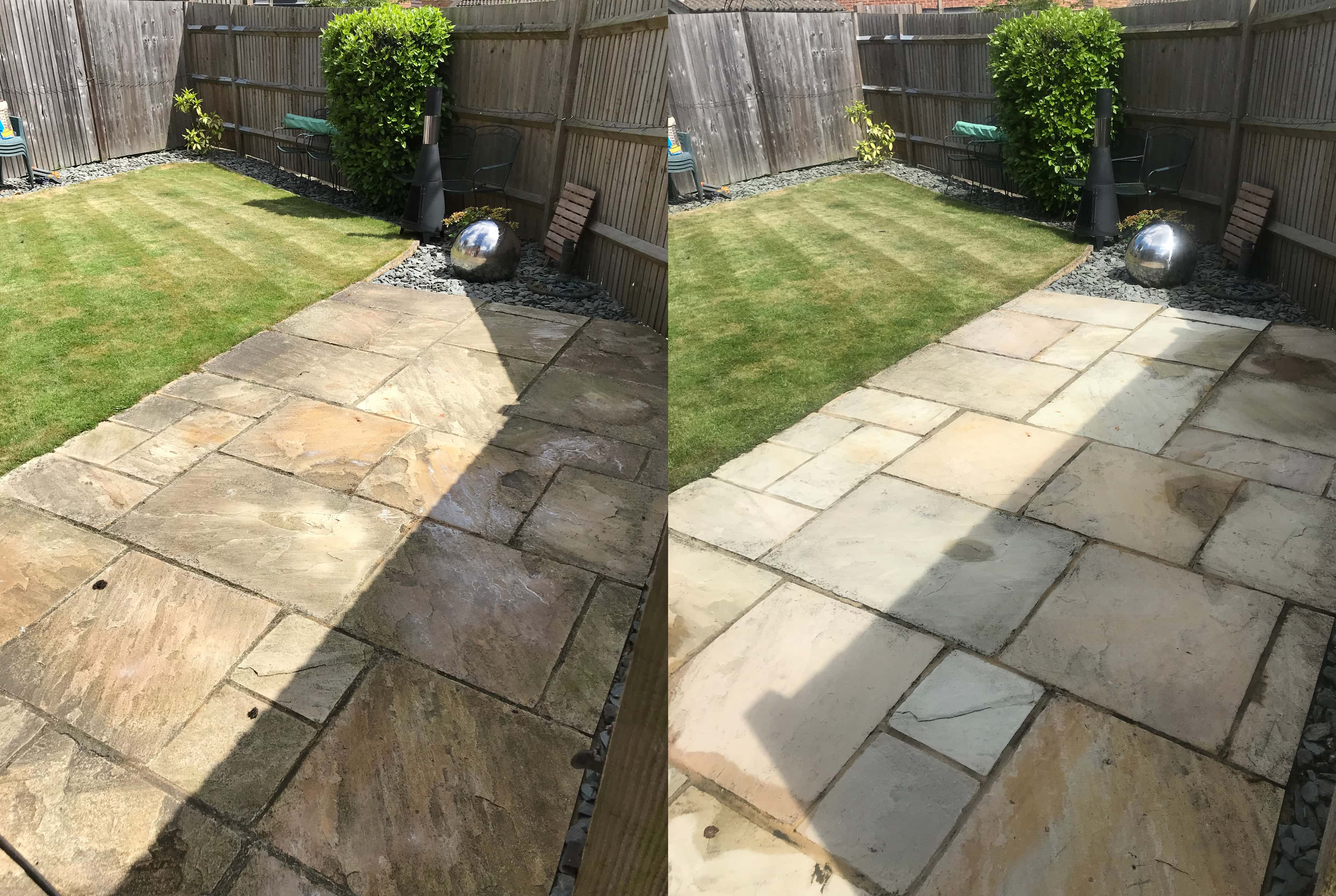 A patio before and after jet washing